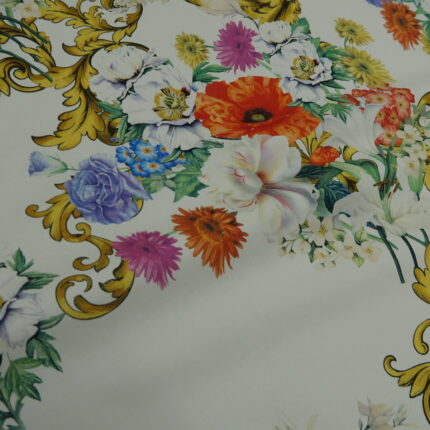 Popelín bílý s barevným květinovým vzorem alá Versace