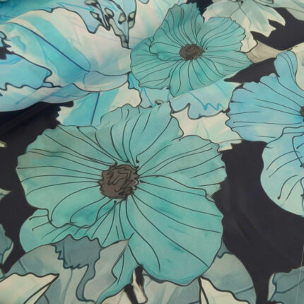 Krepdešín modrý s květy
