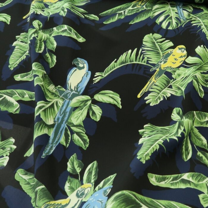 Krepdešín modrý s palmami a papoušky by Stella McCartney