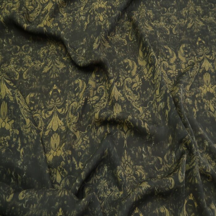 Šifon satén černý s hnědošedým vzorem