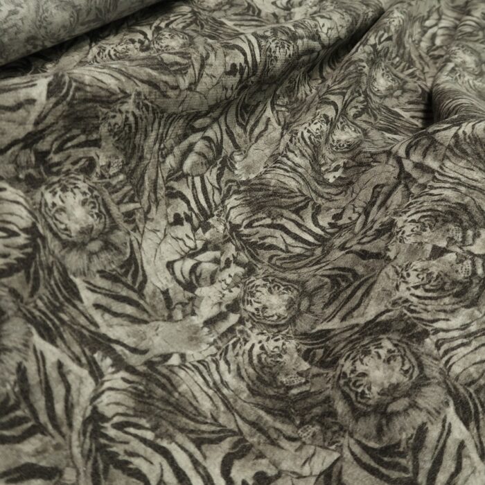 Plátno šedé vlněné se vzorem tygrů