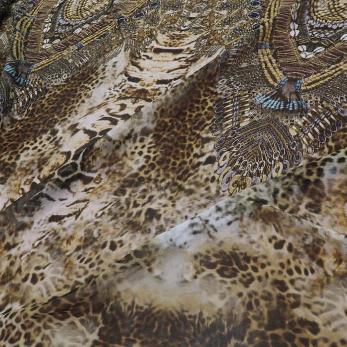 Šifon hnědý se vzorem zvířecí srsti a indiánských korálků