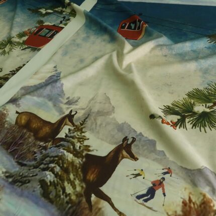 Gabardén s retro lyžaři bavlněný