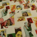 Šifon bílý s barevným komiksovým vzorem