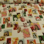 Šifon bílý s barevným komiksovým vzorem